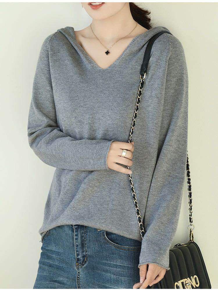 V-Neck Plain Knit Hoodie Product Image