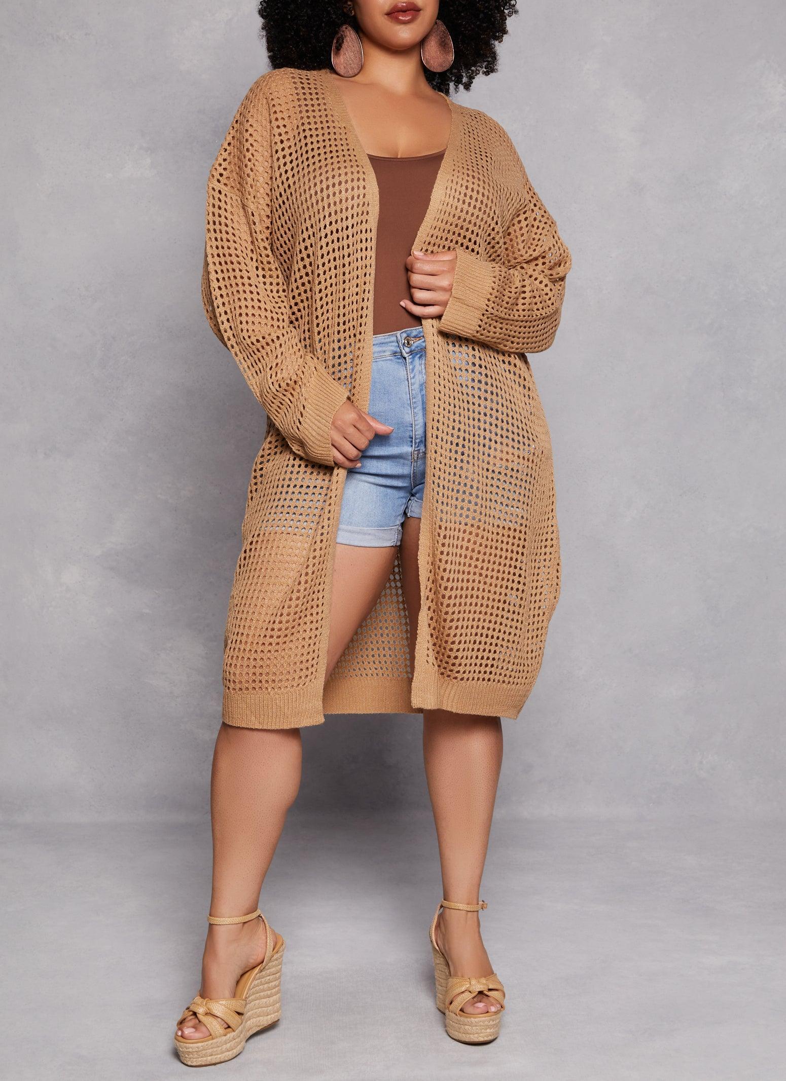 Womens Plus Size Crochet Open Front Long Sleeve Duster Product Image