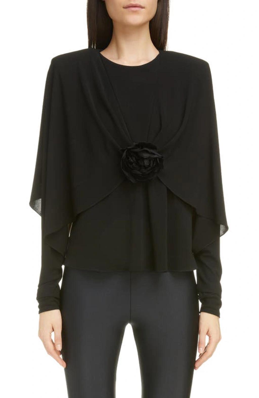 SAINT LAURENT Flower Detail Crepe Jersey Top In Noir Product Image