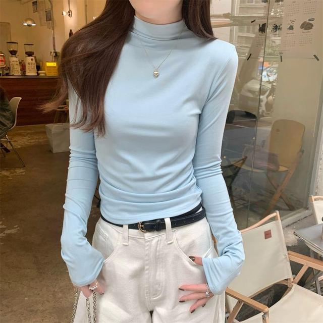 Long-Sleeve Mock Neck Plain Top Product Image