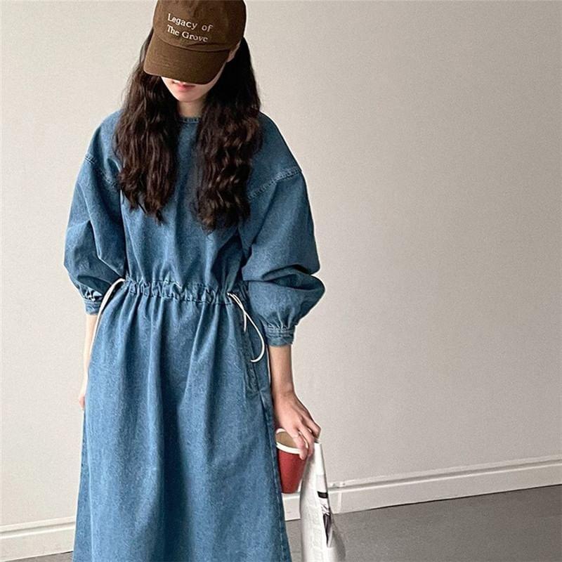 Long-Sleeve Round Neck Drawstring Waist Denim Midi A-Line Dress Product Image