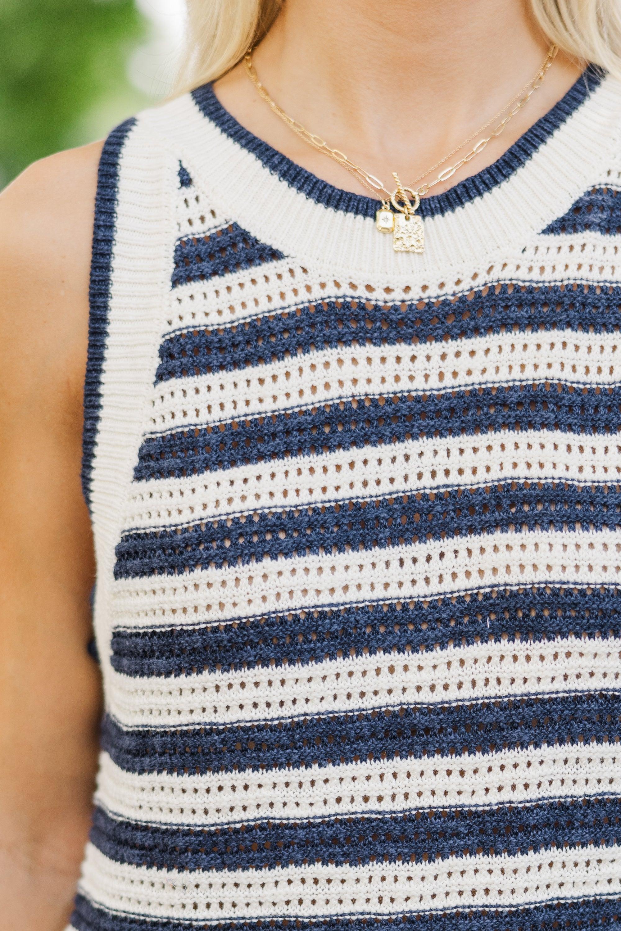 Lead The Way Navy Blue Striped Sweater Tank Female Product Image