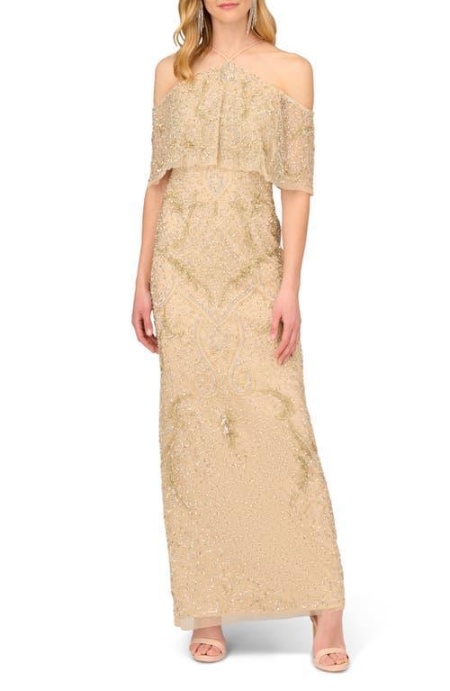 Aidan Mattox by Adrianna Papell Cold Shoulder Beaded Halter Column Evening Gown Product Image