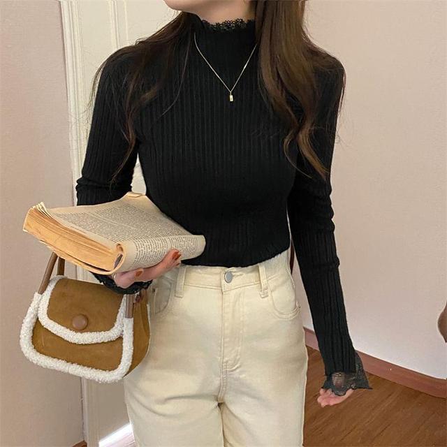 Long Sleeve Mock Neck Plain Lace Trim Ribbed Knitted Top Product Image