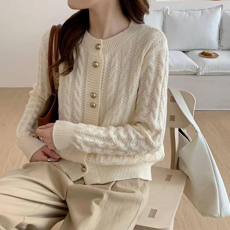 Crew Neck Plain Cable Knit Button-Up Cardigan Product Image