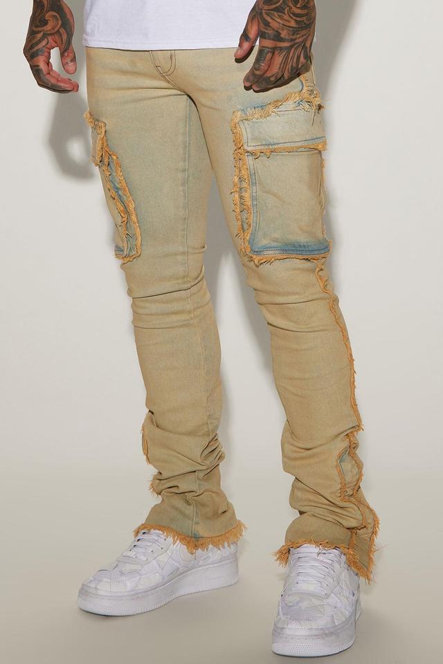 Raw Edge Stacked Skinny Cargo Jeans - Light Blue Wash Product Image