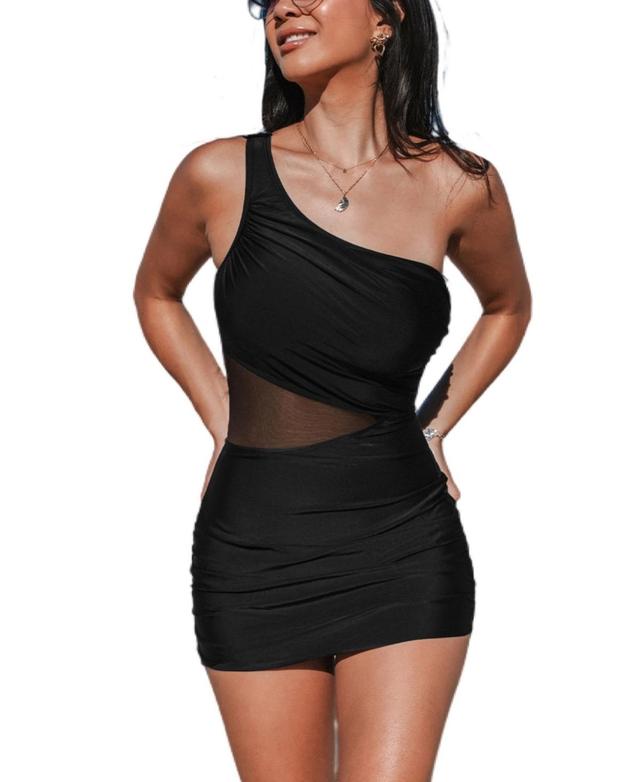 Cupshe Womens Black Asymmetrical Mesh Waist Swim Dress Product Image