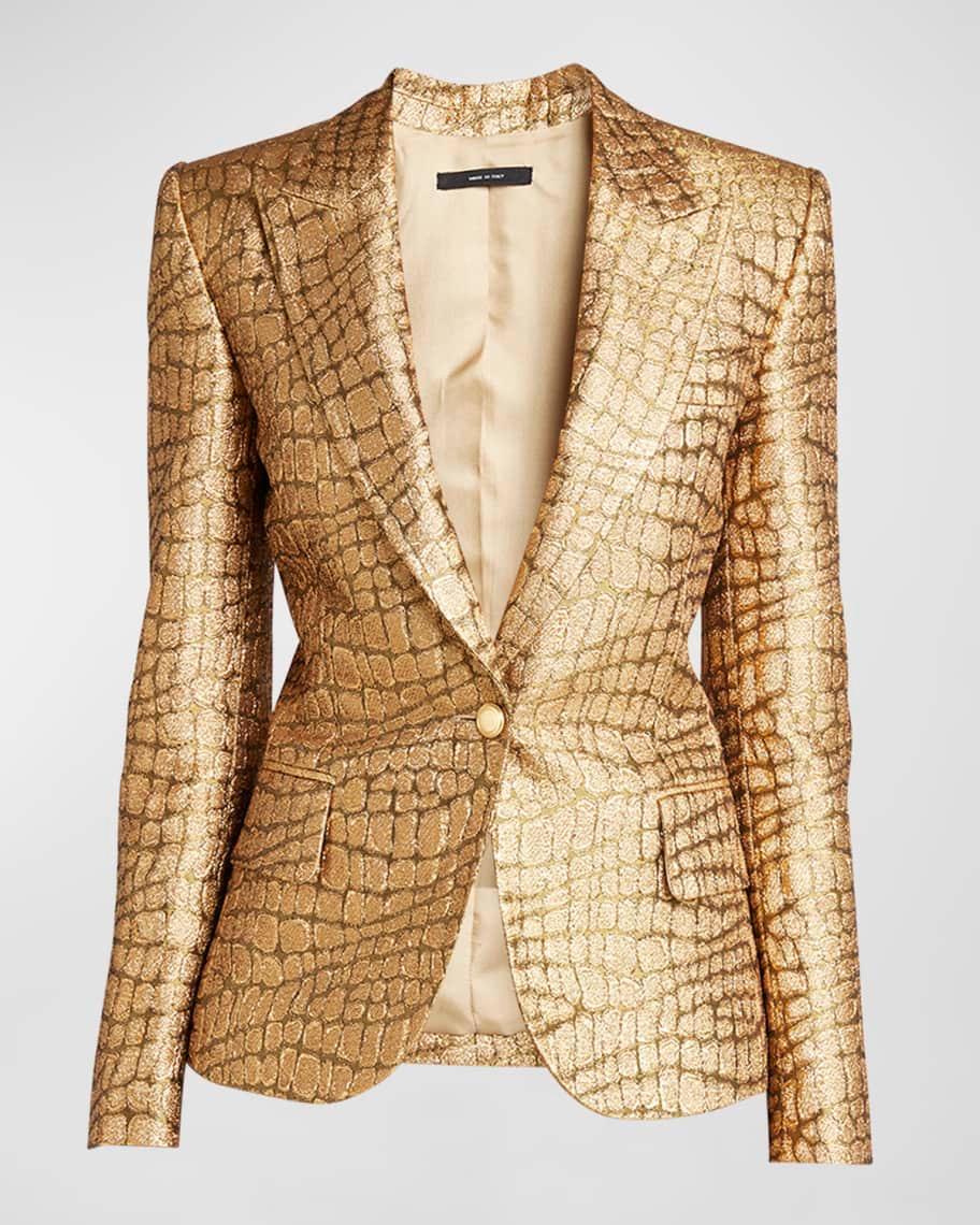 Metallic Croc-Jacquard Single-Breasted Blazer Jacket Product Image