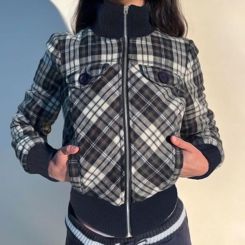 Stand Collar Plaid Zip Jacket Product Image