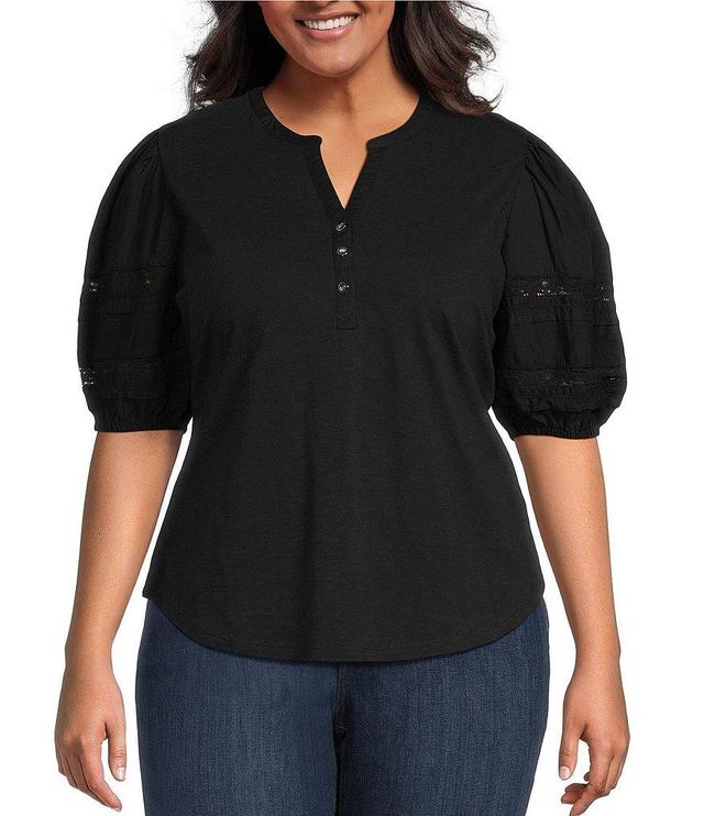 Lauren Ralph Lauren Plus Size Lace Trim Jersey Knit Split V-Neck Short Puff Sleeve Henley Top Product Image