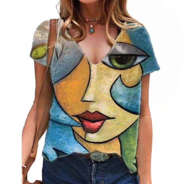 Olivia Mark –  Contemporary V-Neck Pullover T-Shirt Top with Abstract Figure Placement Print Product Image