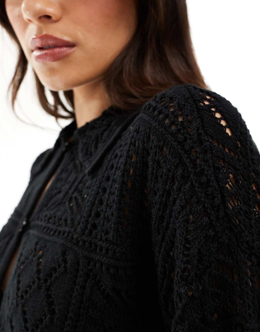 Vero Moda Aware crochet knit cardigan with collar in black Product Image