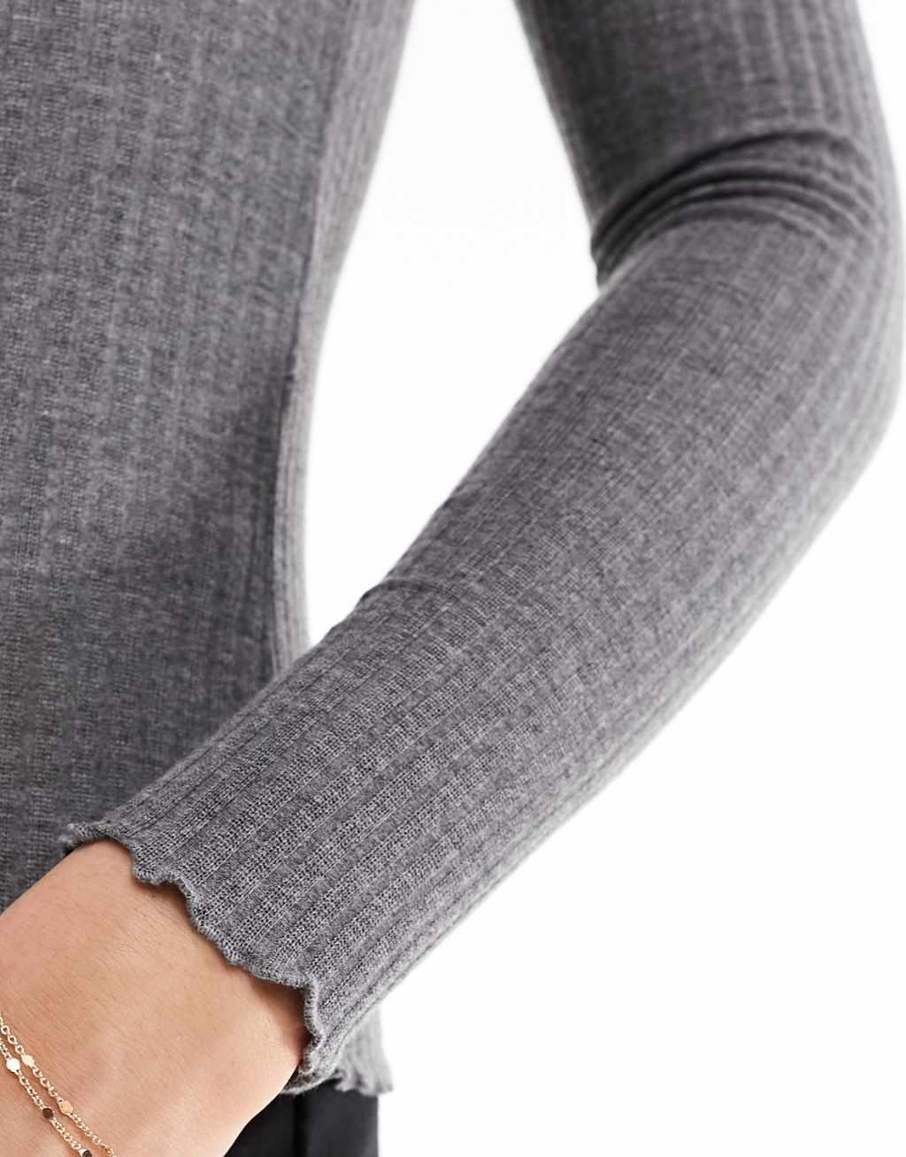 Only lettuce edge high neck ribbed top in dark gray melange  Product Image