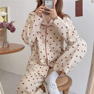 Set: Long-Sleeve Heart Print Pajama Top + Pants Product Image