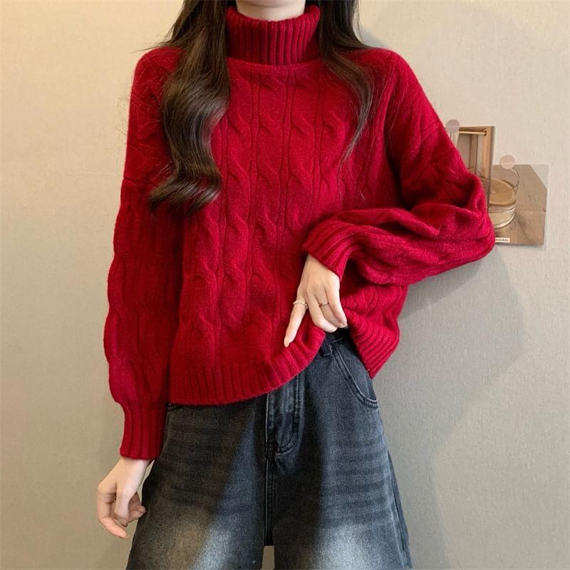 Turtleneck Plain Cable Knit Sweater Product Image