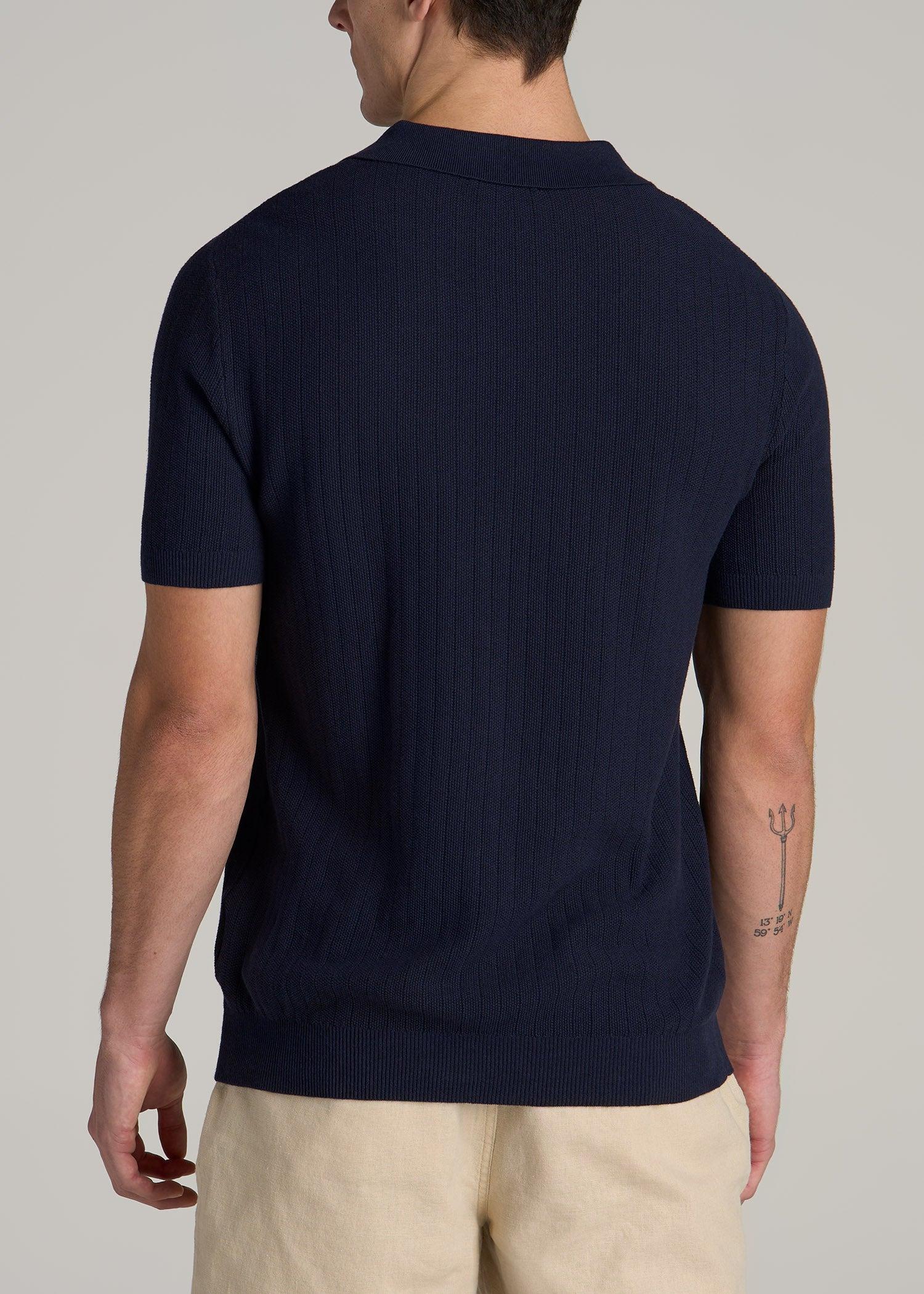 Linen Blend Ribbed Knit Polo Shirt for Tall Men in Evening Blue Male Product Image