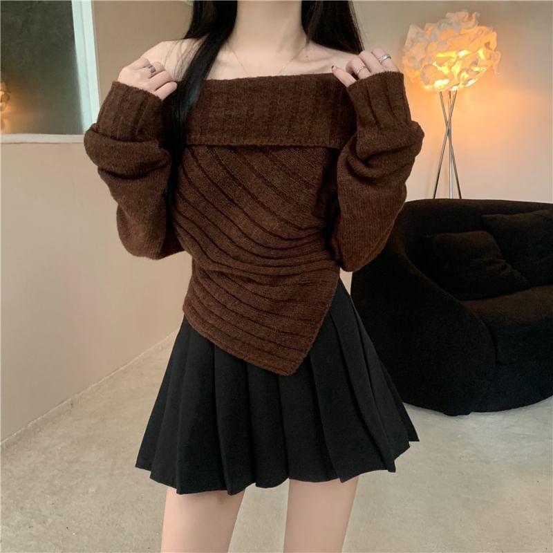 Off Shoulder Plain Asymmetrical Ribbed Sweater Product Image