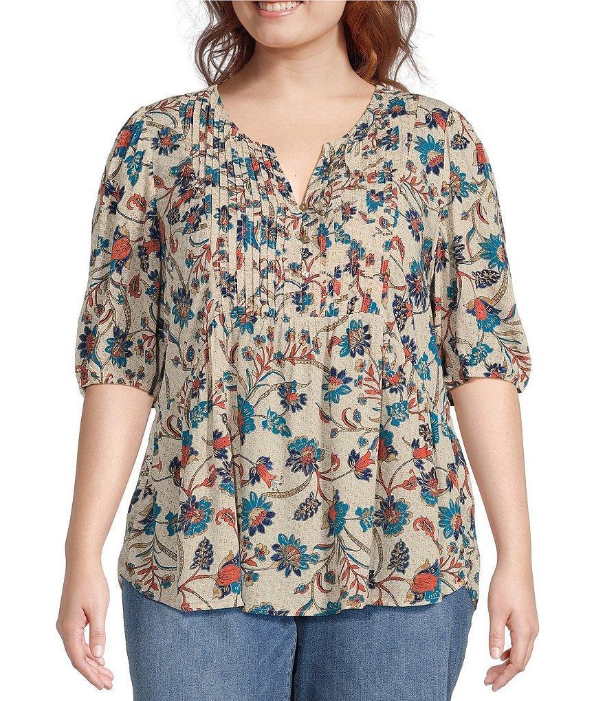 Nurture by Westbound Plus Size Short Sleeve Split Round Neck Pintuck Yoke Button Front Top Product Image