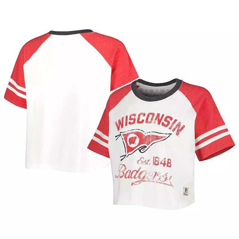 Womens Pressbox White Distressed Wisconsin Badgers Melange Beaumont Cropped Raglan T-shirt Product Image