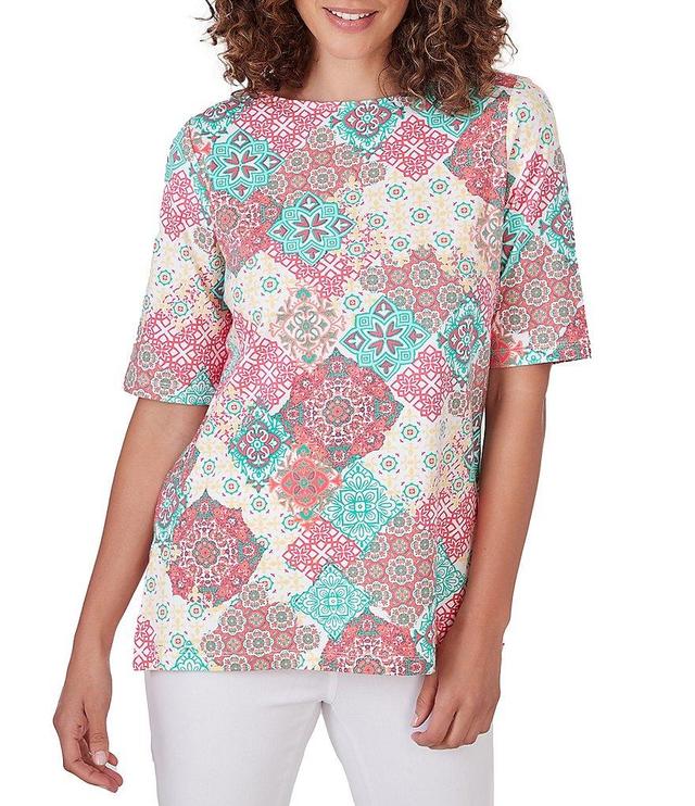 Ruby Rd. Knit Medallion Print Boat Neck 3/4 Sleeve Top Product Image