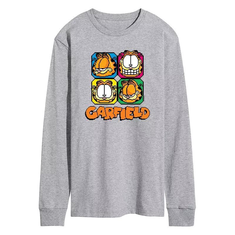 Mens Garfield Pixel Faces Long Sleeve Graphic Tee Grey Gray Product Image