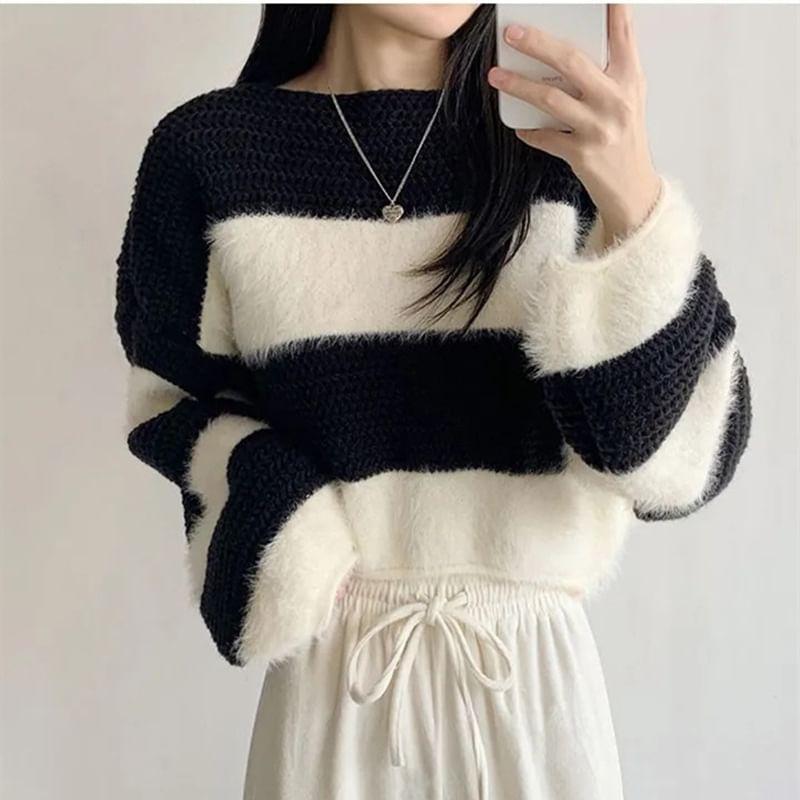 Boat Neck Striped Cropped Sweater Product Image