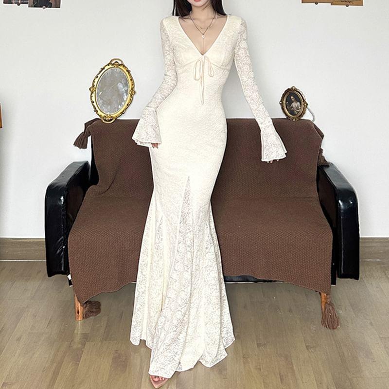 Bell Sleeve V-Neck Lace Panel Bow Accent Maxi Dress Product Image