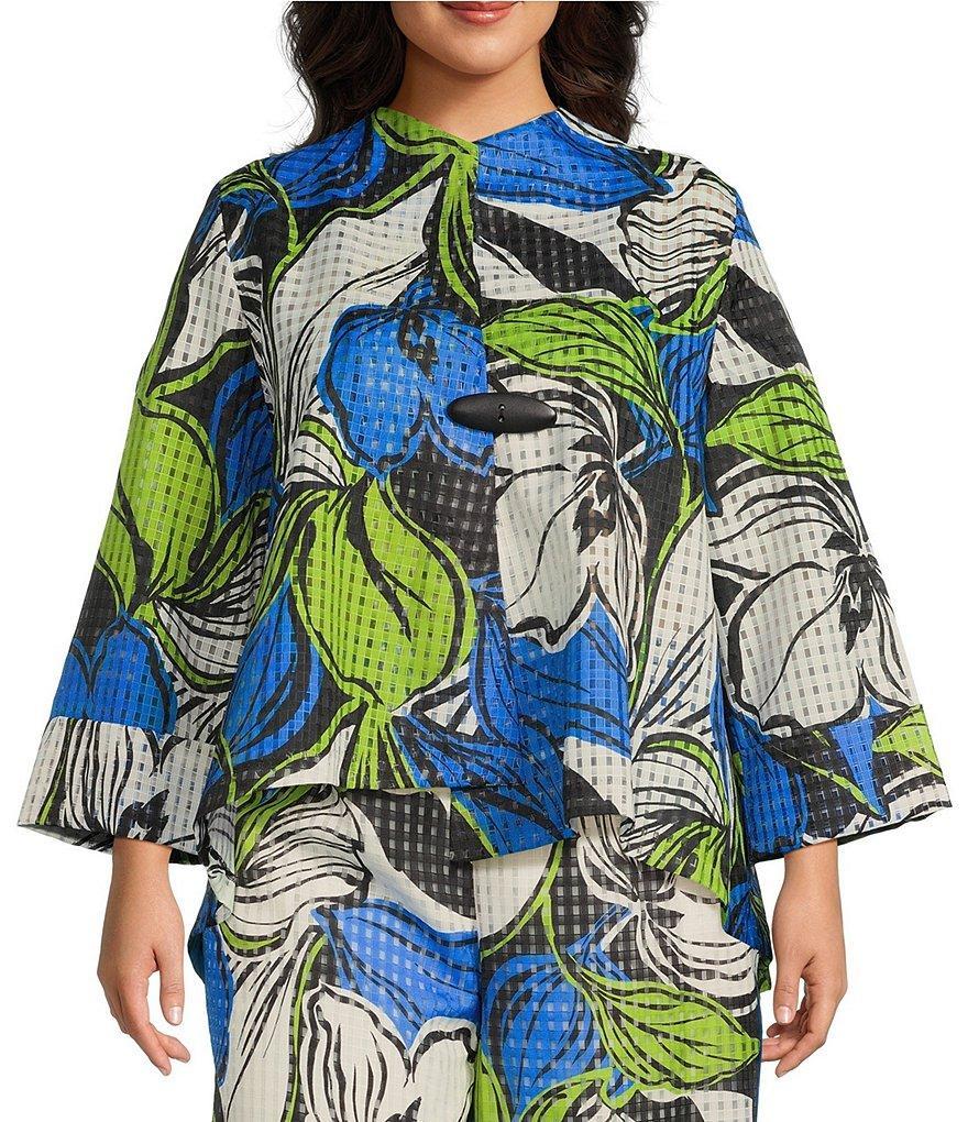 IC Collection Plus Size Woven Mesh Abstract Floral Print High Neck Long Sleeve Asymmetric Coordinating One Button-Front Jacket Product Image