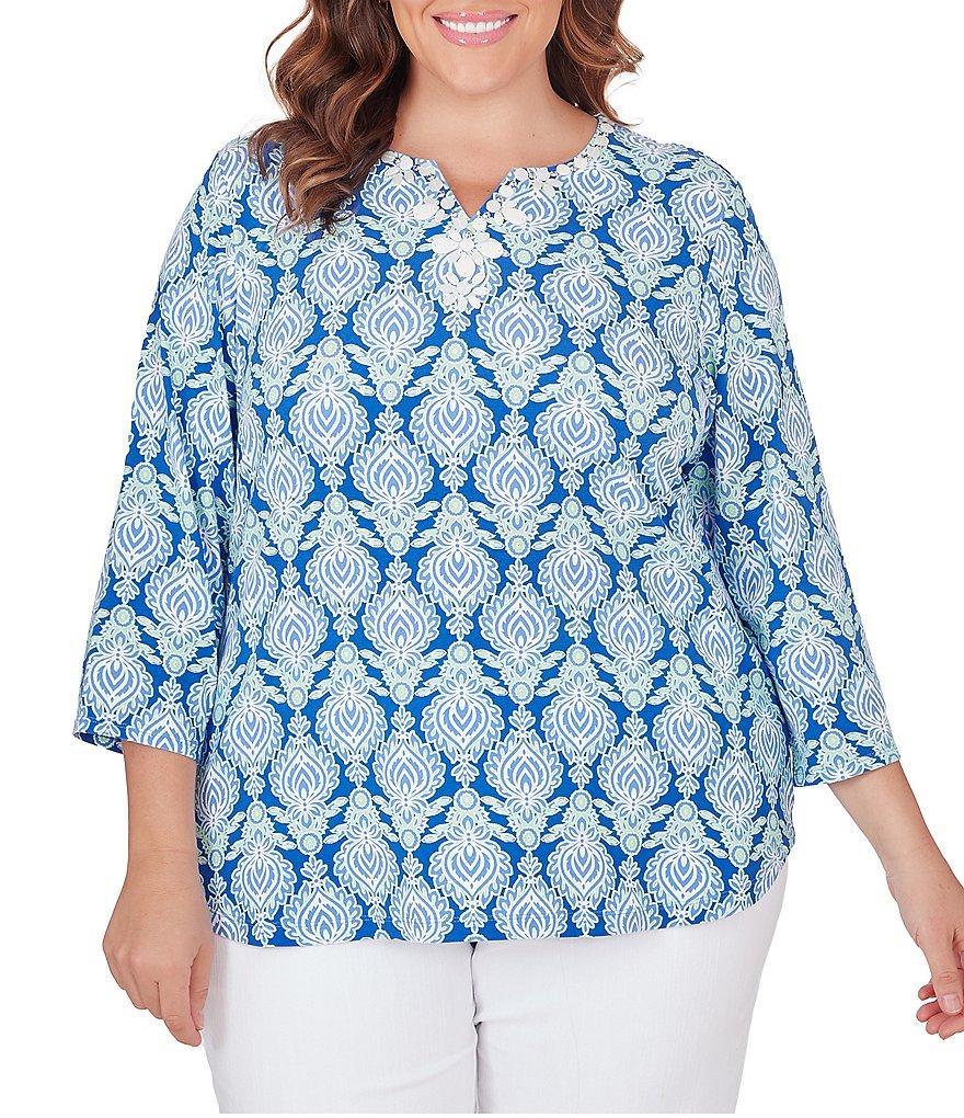 Ruby Rd. Plus Size Embellished Foulard Print Split Round Neck 3/4 Sleeve Knit Top Product Image