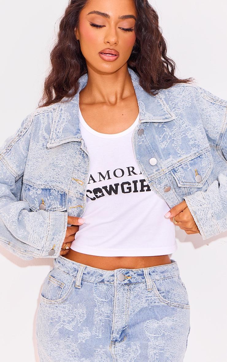 Petite Blue Jacquard Denim Cropped Jacket Product Image