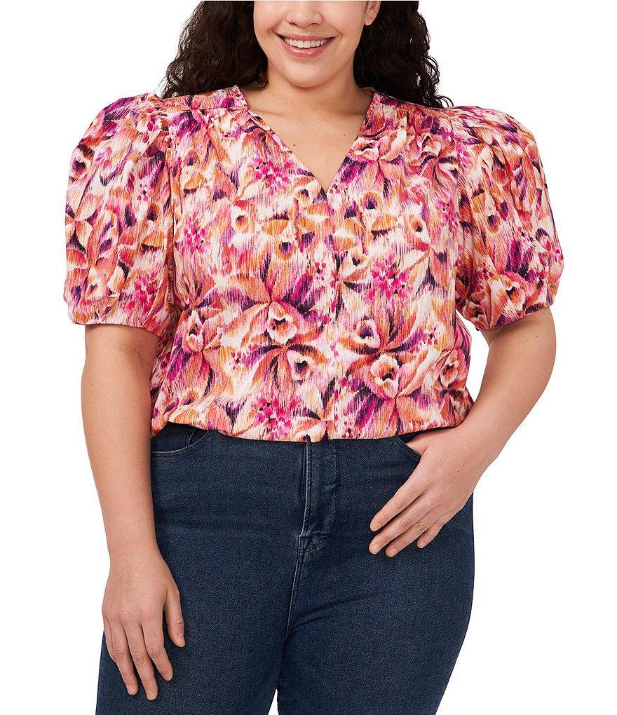 CeCe Plus Size Short Puffed Sleeve V Neck Blouse Product Image