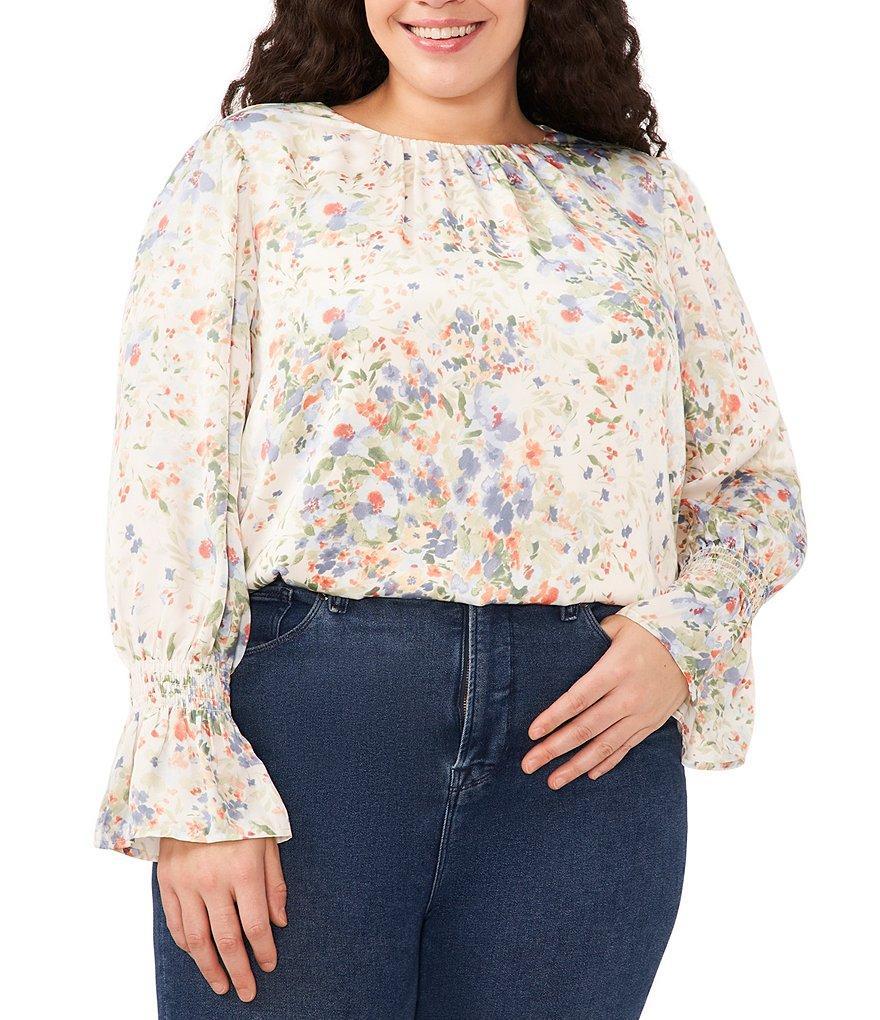 CeCe Plus Size Watercolor Floral Print Pleated Crew Neck Long Sleeve Smocked Cuff Blouse Product Image