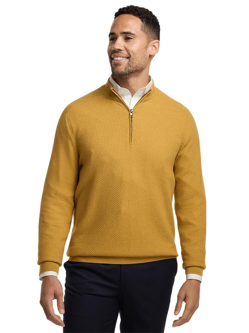 Silk Cotton Cashmere Quarter Zip Mock Neck Sweater - Gold Product Image