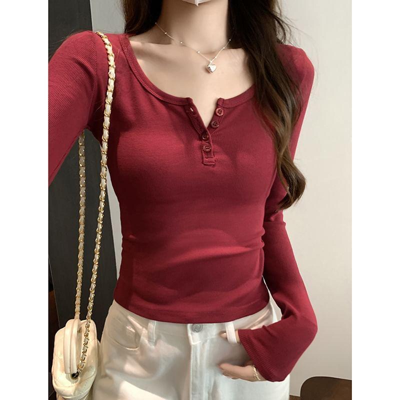 Long Sleeve Henley Plain T-Shirt Product Image