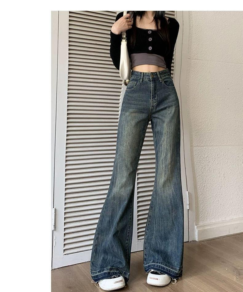 High Waist Washed Fray Flared Jeans Product Image