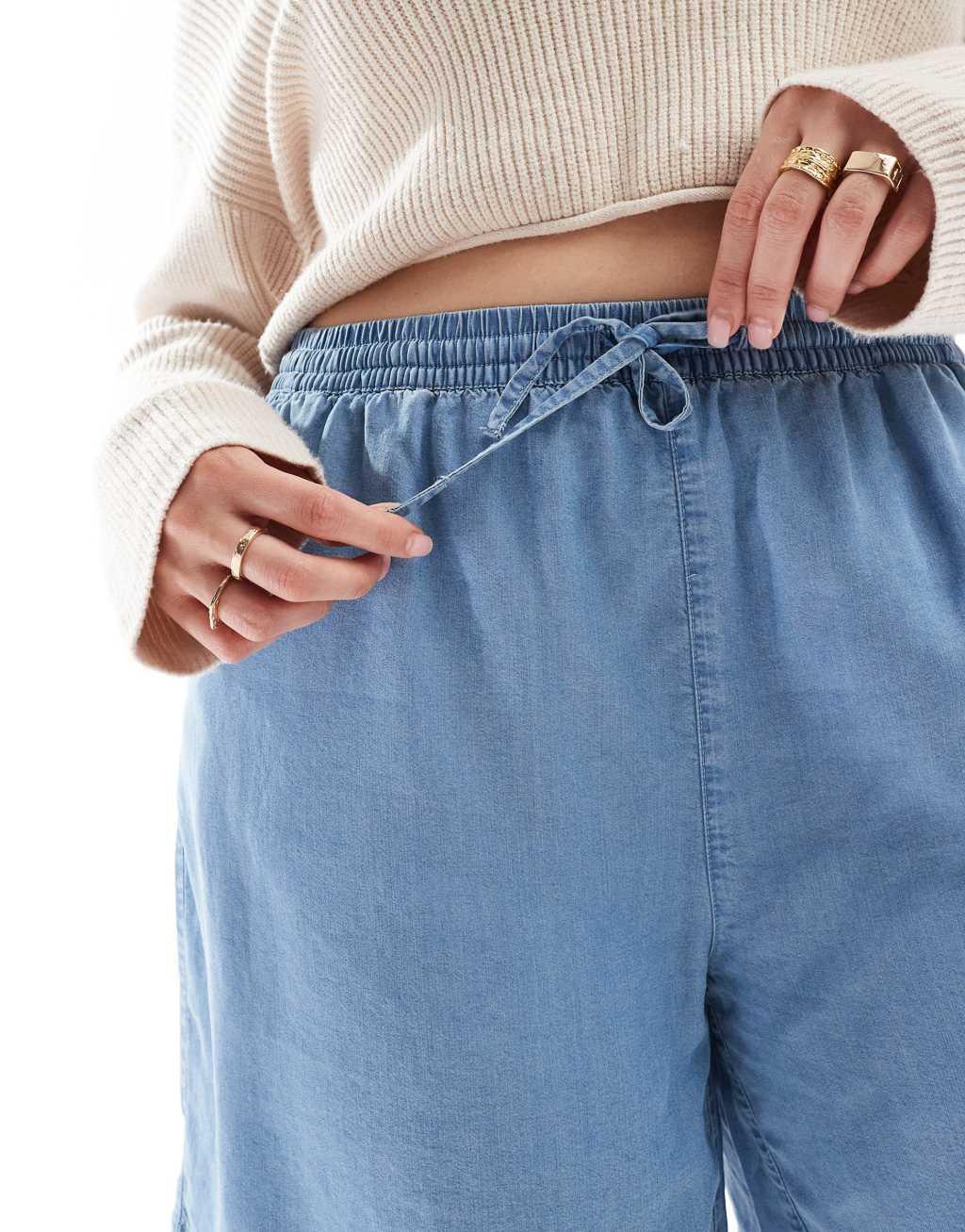 ONLY Curve pull on denim shorts in light blue  Product Image