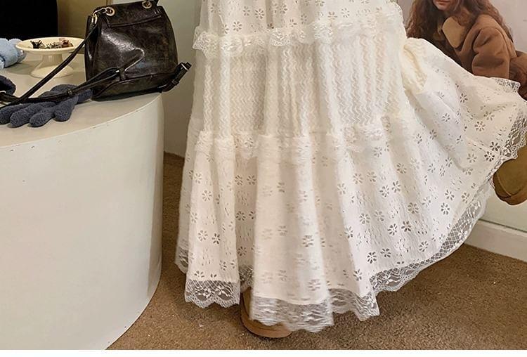 Elastic Waist Tiered Lace Maxi A-Line Skirt Product Image