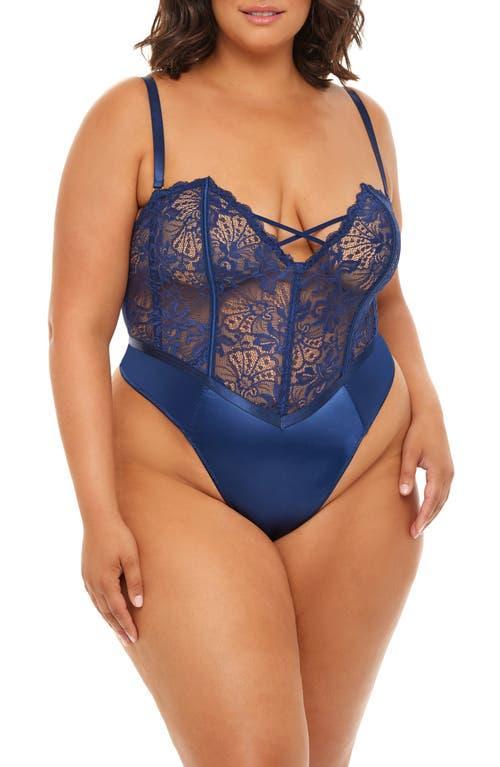 Oh La La Cheri Plus Size Andie Lace Teddy with Front Crossing Elastic Detail - Estate Blue Product Image