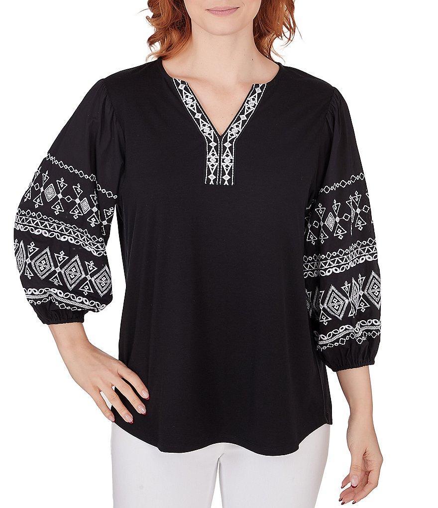 Ruby Rd. Knit Embroidered Y-Neck 3/4 Balloon Sleeve Top Product Image