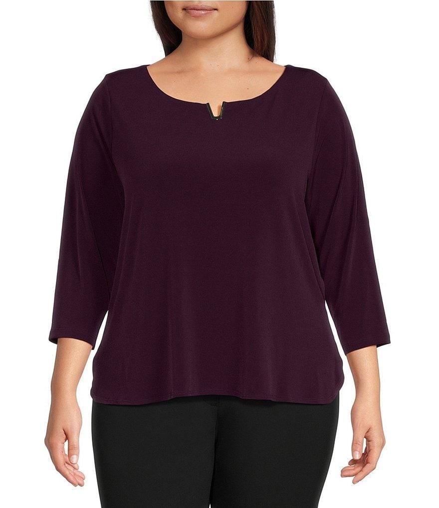 Calvin Klein Plus Size Solid Knit Split Round Neck 3/4 Sleeve Hi-Low Hem Relaxed Top Product Image