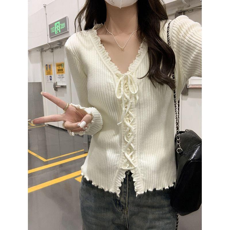 V-Neck Plain Lace-Up Ribbed Lettuce Edge Sweater / Floral Lace Halter Top Product Image