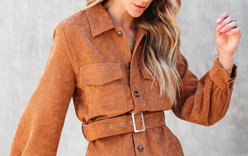 Long-Sleeve Plain Belted Corduroy Mini Shirt Dress Product Image