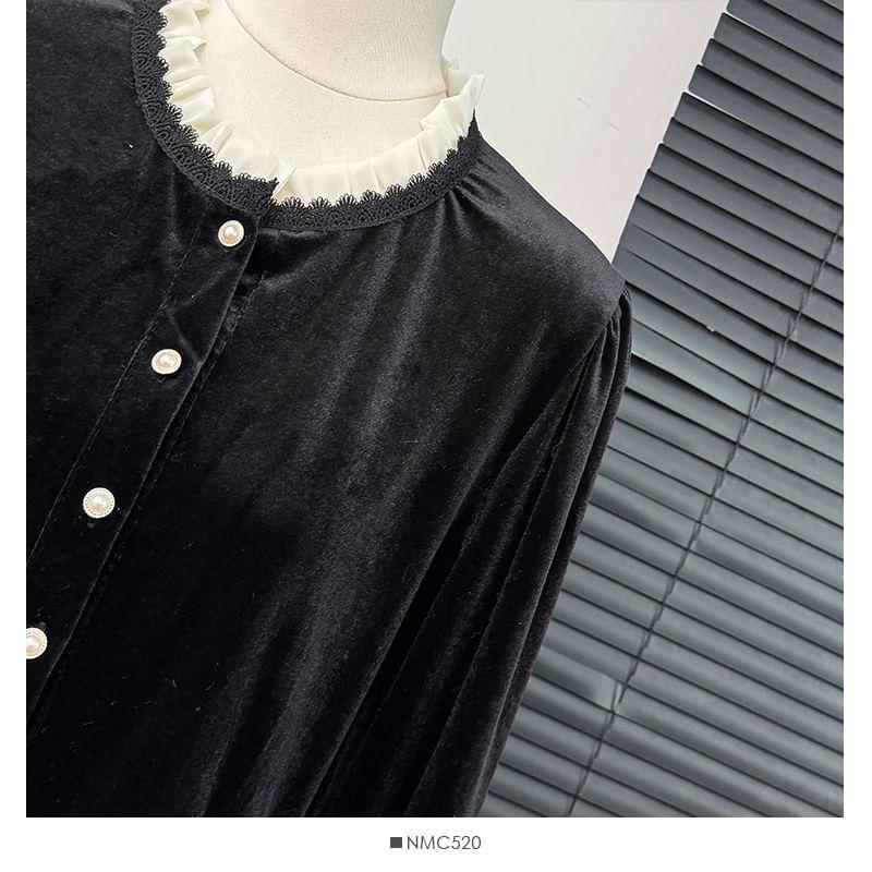 Contrast Ruffle-Trim Velvet Shirt Product Image