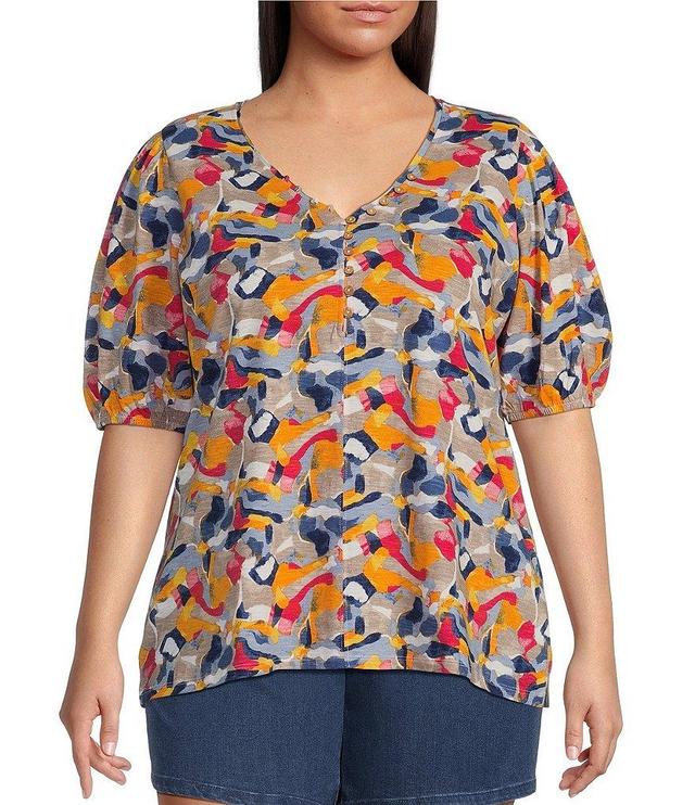 Intro Plus Size Cotton Slub Knit Stone Wash Abstract Print V-Neck Short Puffed Sleeve Half Button Front Top Product Image