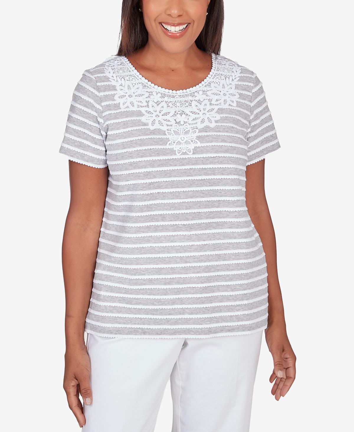 Petite Alfred Dunner Lace Neck Striped Split Hem Tee, Womens Dark Blue Product Image