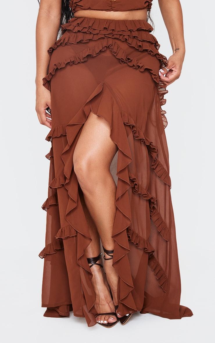 Shape Chocolate Low Rise Frill Detail Front Split Maxi Skirt Product Image