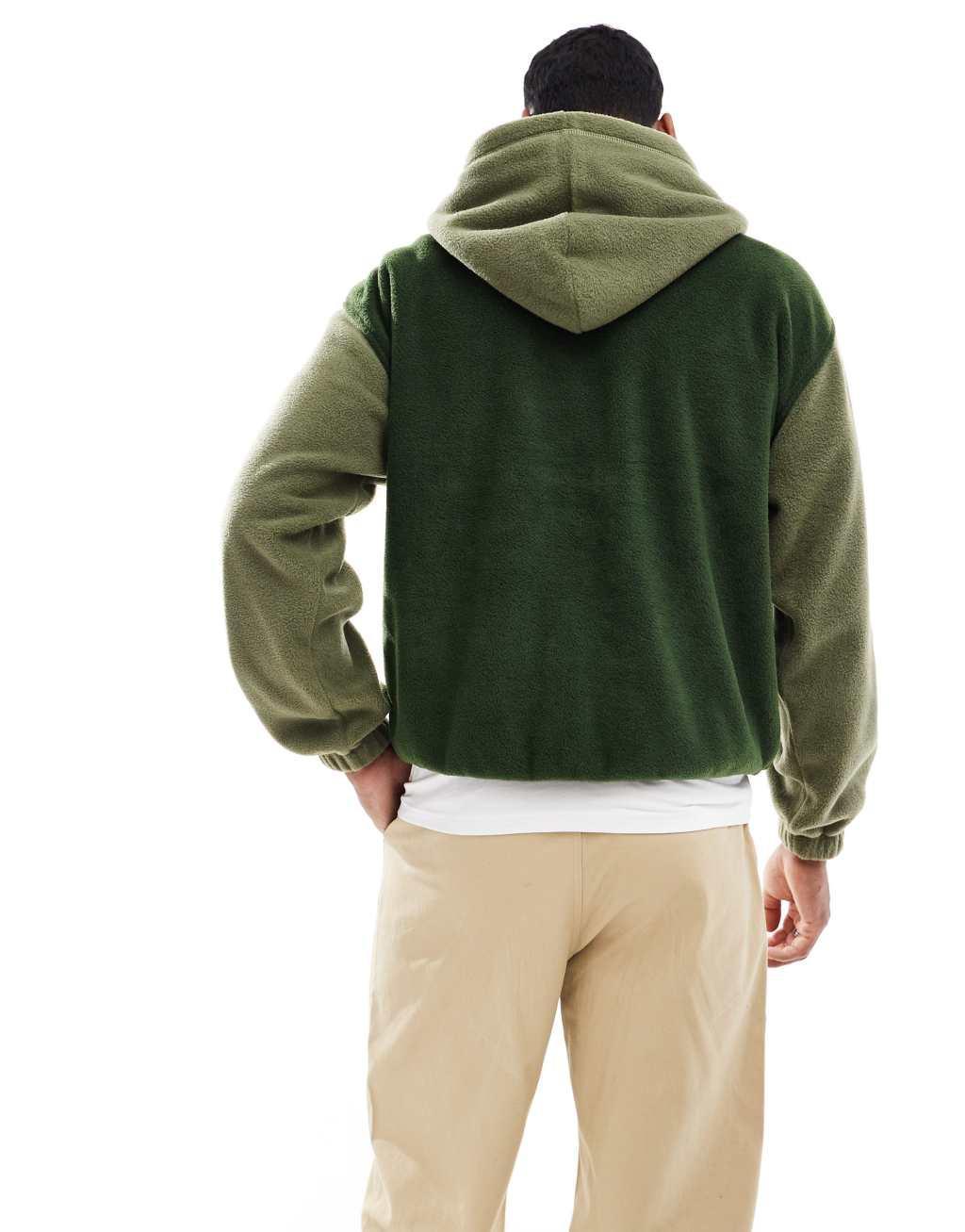 ASOS DESIGN oversized polar fleece hoodie with color block in dark green Product Image