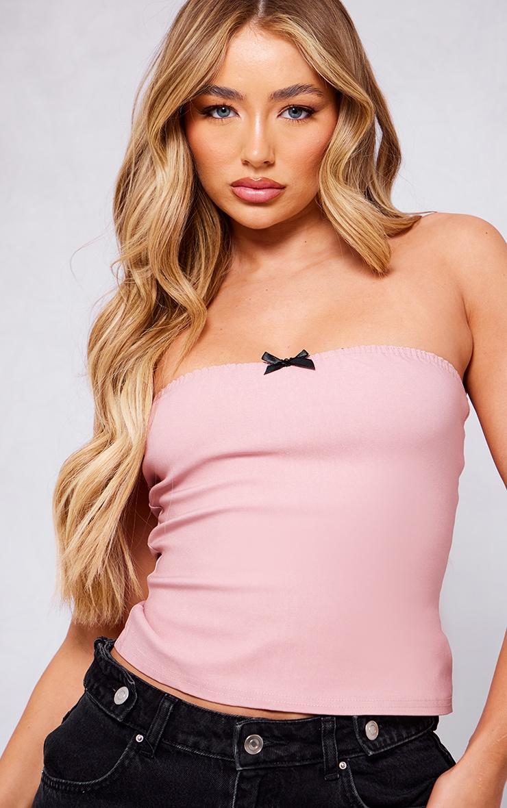 Dusty Pink Stretch Woven Small Bow Detail Tube Top Product Image