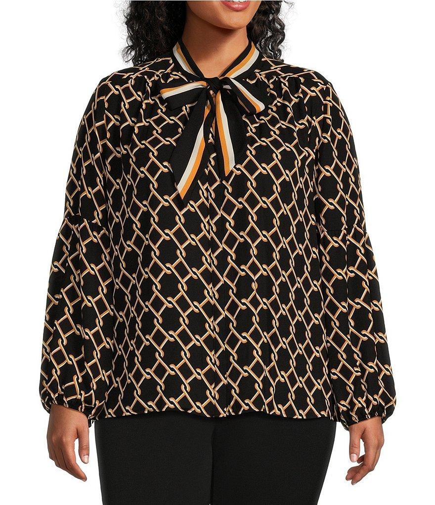 Investments Plus Size Chain Geo Woven Long Sleeve V-Neck Tie Detail Top product image