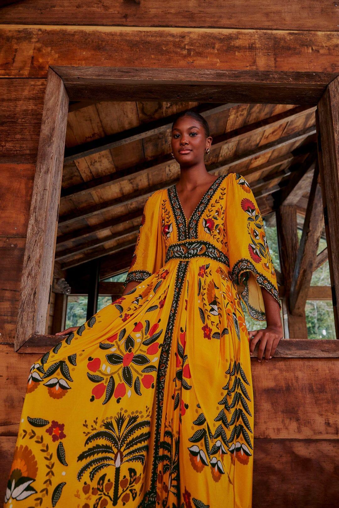 Yellow Tropical Tapestry Kaftan Dress Product Image